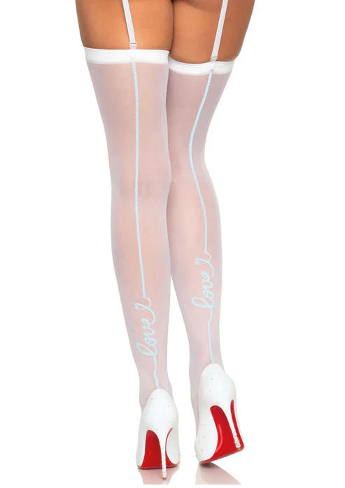 [1942-002] Calze Velate 20D con Riga Dietro "Love" Taglia Unica (XS-L) Bianche