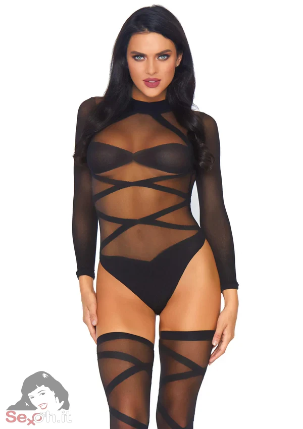 [8471-001] Body + Calze Semi Coprente Criss-Cross Taglia Unica (XS/L) Nero