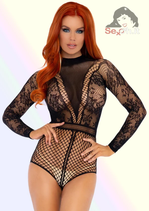 [89243-001] Body a Rete a Maniche Lunghe con Bottone a Scatto  Taglia Unica (XS/L) Nero
