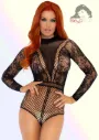 Body a Rete a Maniche Lunghe con Bottone a Scatto  Taglia Unica (XS/L) Nero