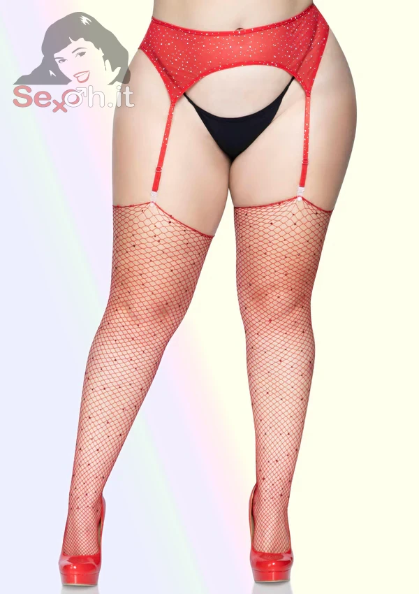 [9124X-003] Calze a Rete con Strass taglia Plus 1X-2X Rosse
