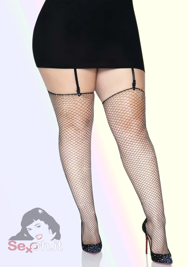 [9124X-001] Calze a Rete con Strass taglia Plus 1X-2X Nere