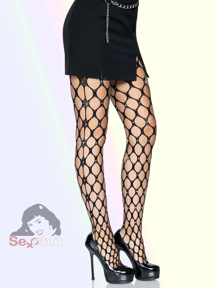 Collant a rete ribordata con Strass Taglia Unica (XS/L) Nero