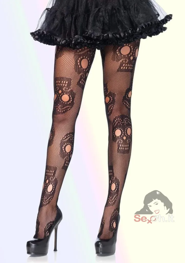 [9982-001] Collant a Rete con Teschi Ricamati Taglia Unica (XS/L) Nero